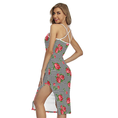 Red Roses Houndstooth Pattern Print Cross Back Cami Dress