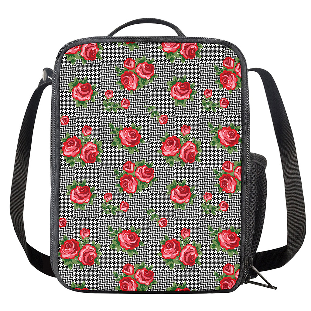 Red Roses Houndstooth Pattern Print Crossbody Lunch Bag