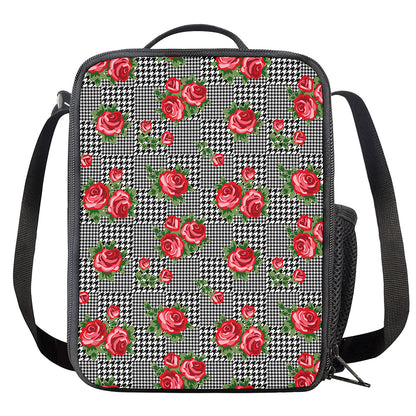 Red Roses Houndstooth Pattern Print Crossbody Lunch Bag