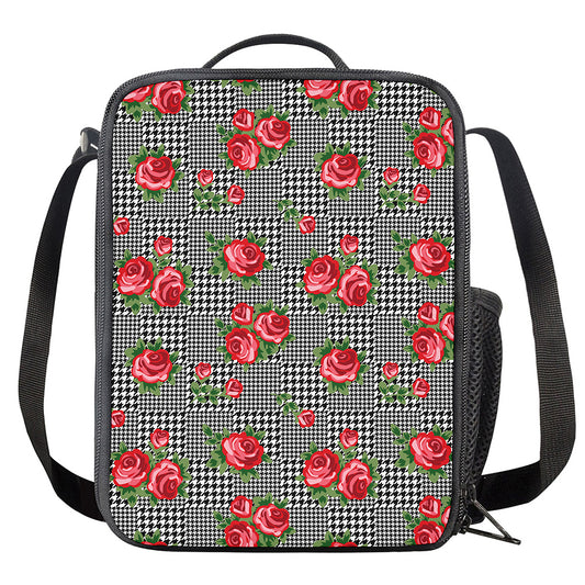 Red Roses Houndstooth Pattern Print Crossbody Lunch Bag
