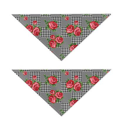 Red Roses Houndstooth Pattern Print Dog Bandana