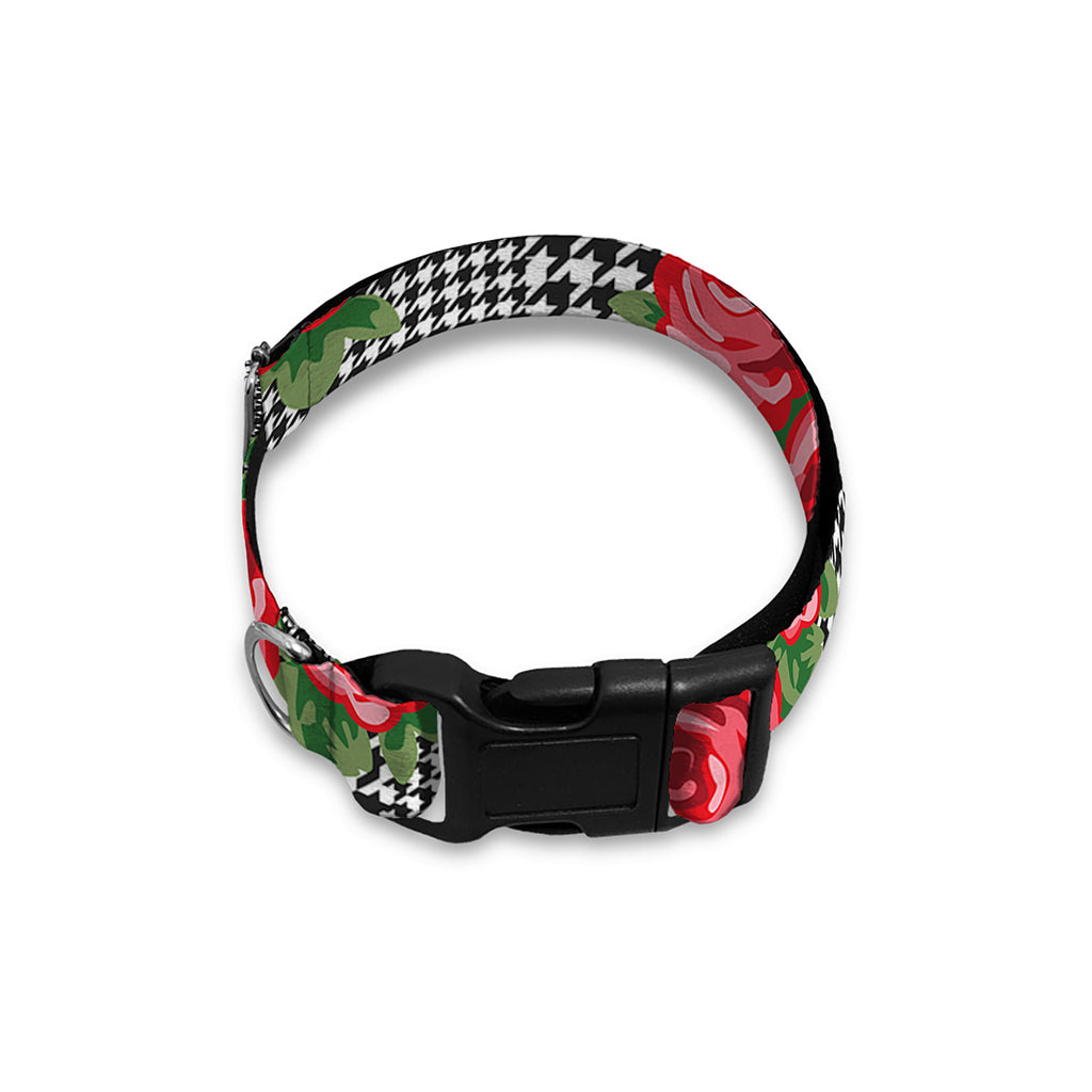 Red Roses Houndstooth Pattern Print Dog Collar