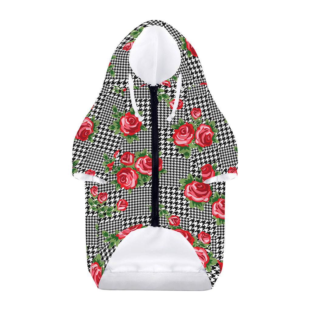 Red Roses Houndstooth Pattern Print Dog Zip Up Hoodie