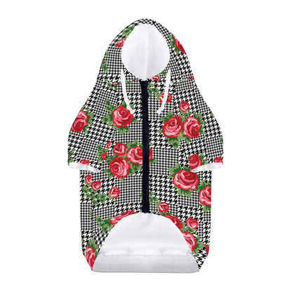 Red Roses Houndstooth Pattern Print Dog Zip Up Hoodie