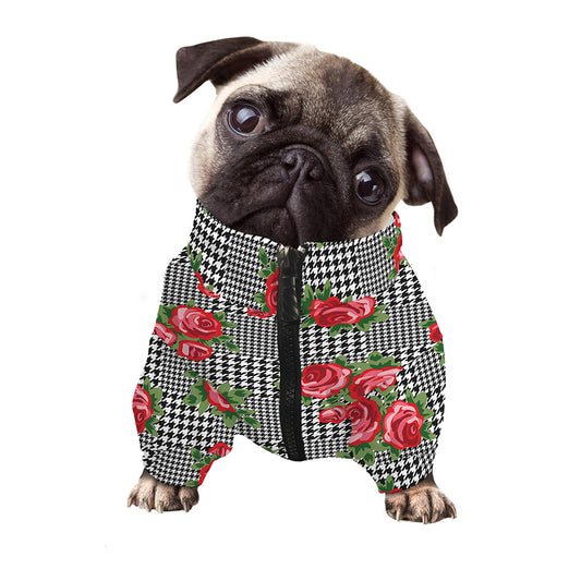 Red Roses Houndstooth Pattern Print Dog Zip Up Jacket