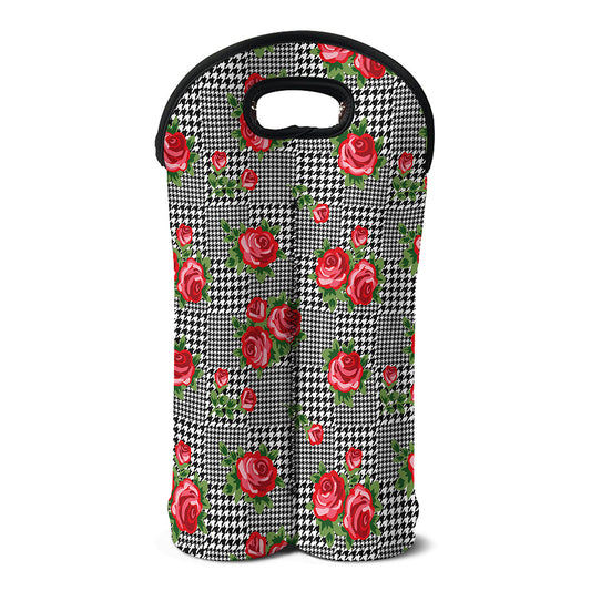 Red Roses Houndstooth Pattern Print Double Neoprene Wine Tote