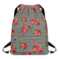Red Roses Houndstooth Pattern Print Drawstring Backpack