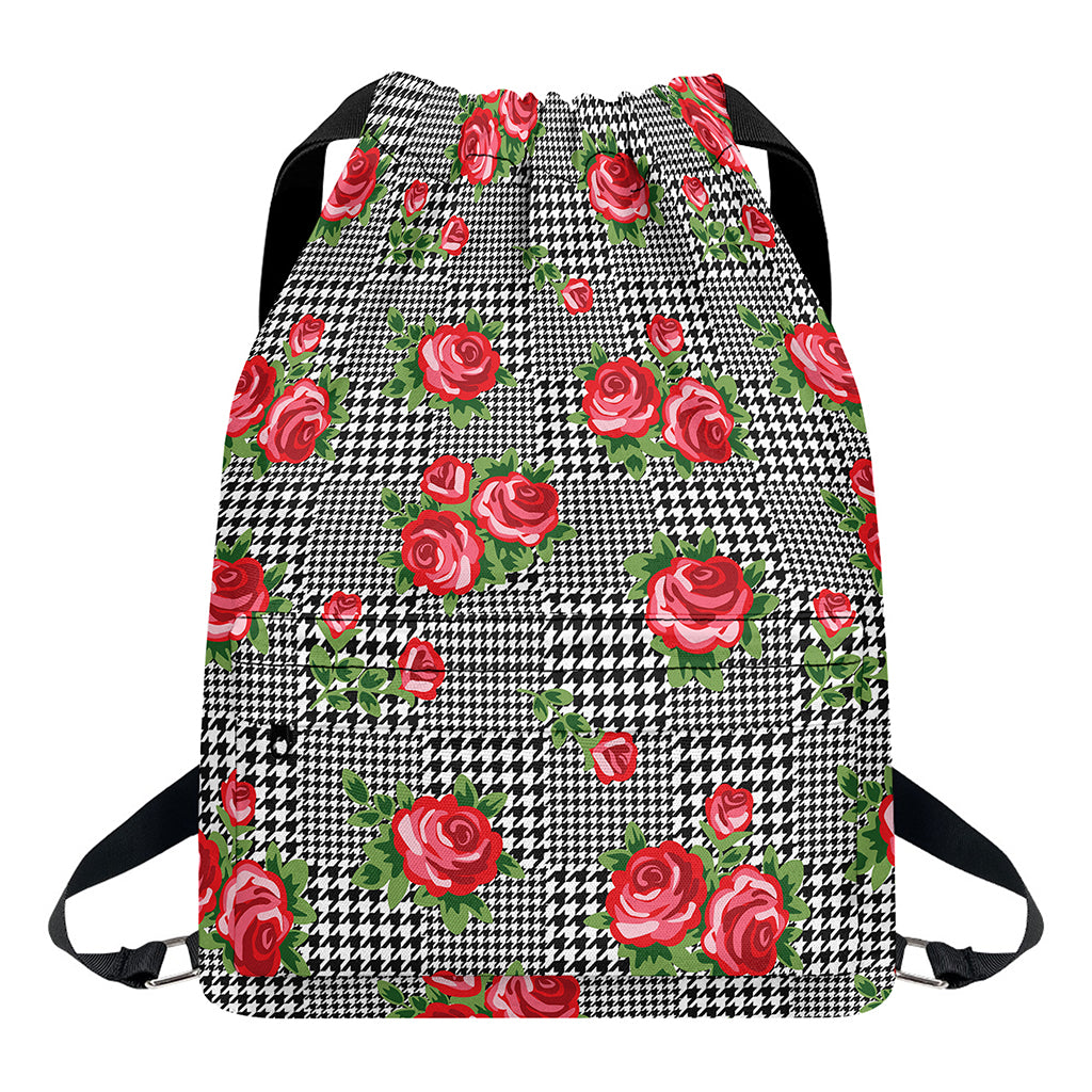 Red Roses Houndstooth Pattern Print Drawstring Backpack