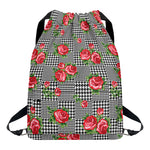 Red Roses Houndstooth Pattern Print Drawstring Backpack