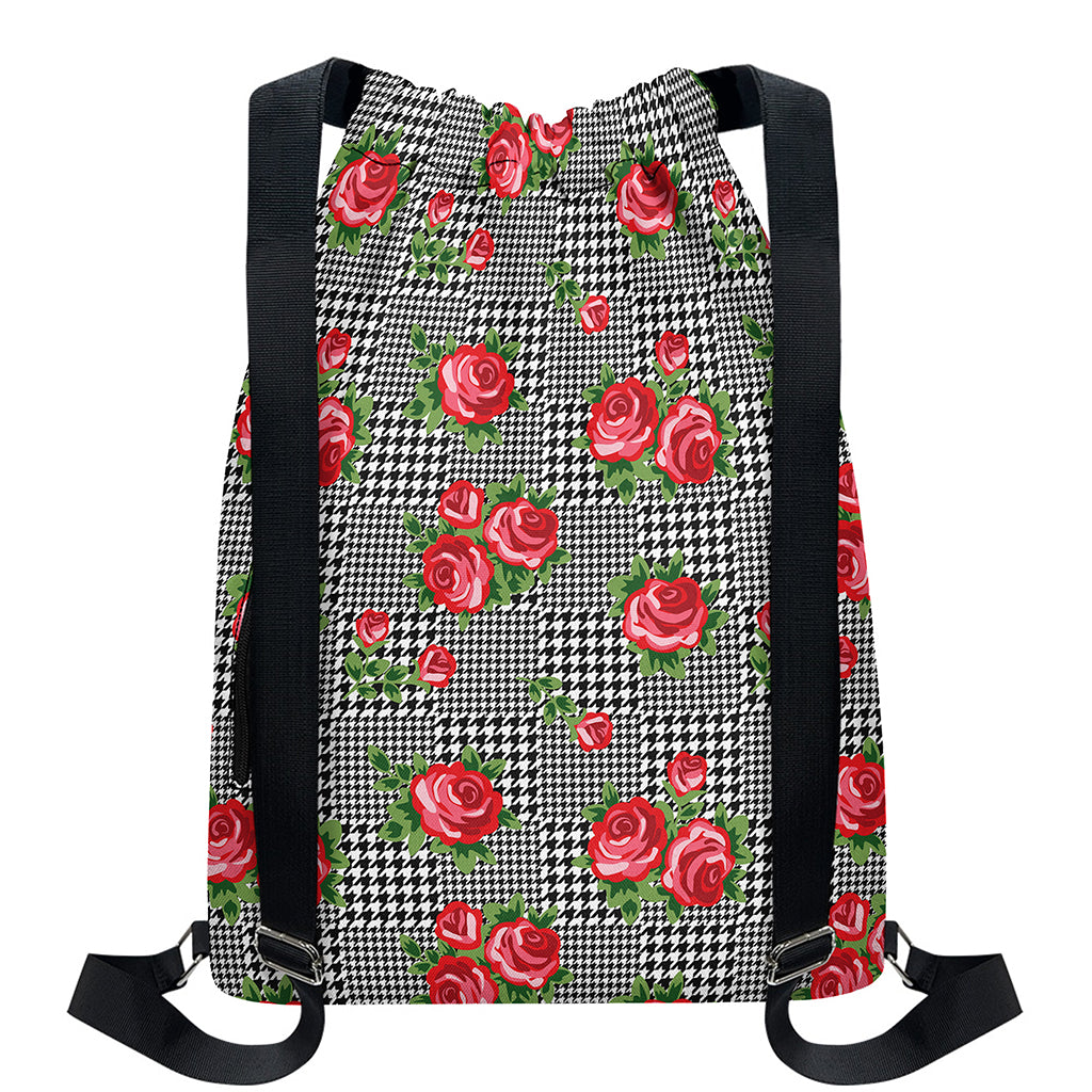 Red Roses Houndstooth Pattern Print Drawstring Backpack