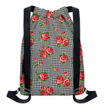 Red Roses Houndstooth Pattern Print Drawstring Backpack