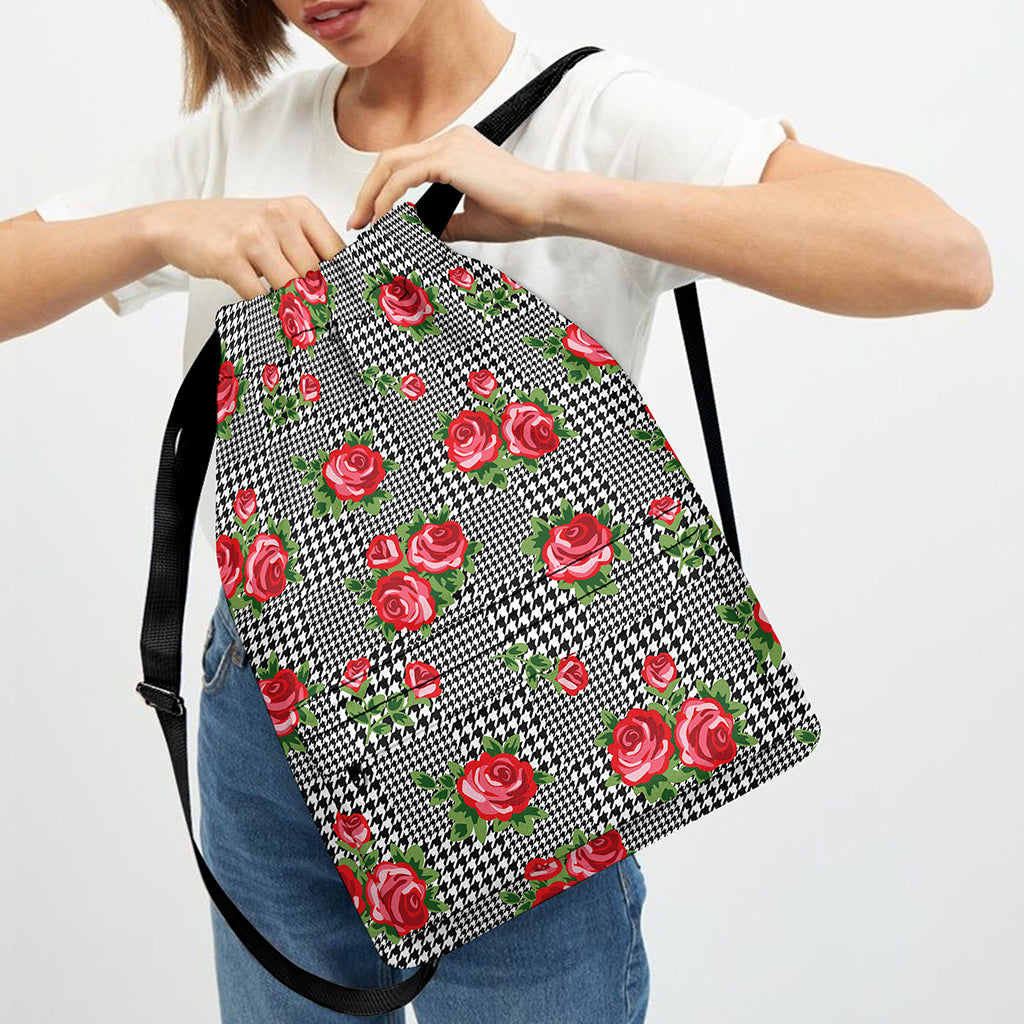 Red Roses Houndstooth Pattern Print Drawstring Backpack