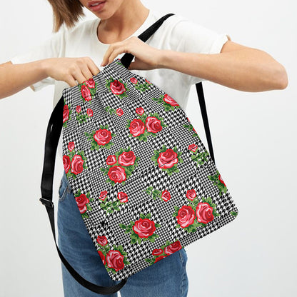 Red Roses Houndstooth Pattern Print Drawstring Backpack