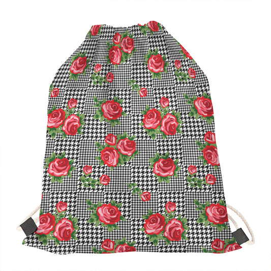 Red Roses Houndstooth Pattern Print Drawstring Bag