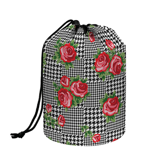 Red Roses Houndstooth Pattern Print Drawstring Makeup Bag