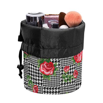 Red Roses Houndstooth Pattern Print Drawstring Makeup Bag