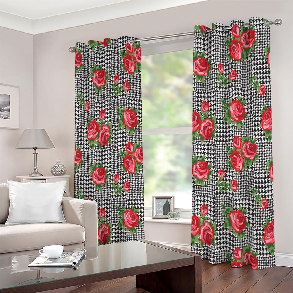 Red Roses Houndstooth Pattern Print Extra Wide Grommet Curtains