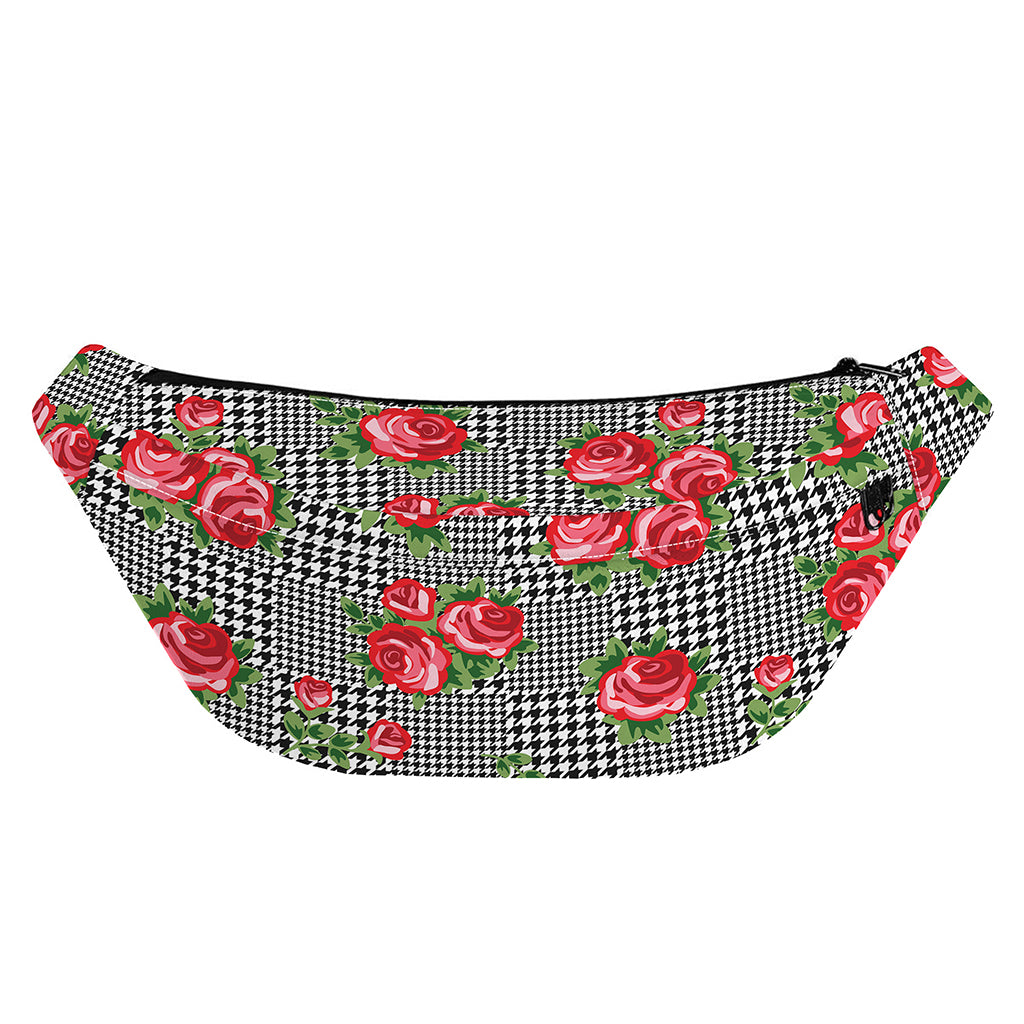Red Roses Houndstooth Pattern Print Fanny Pack