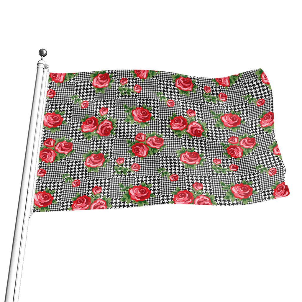 Red Roses Houndstooth Pattern Print Flag