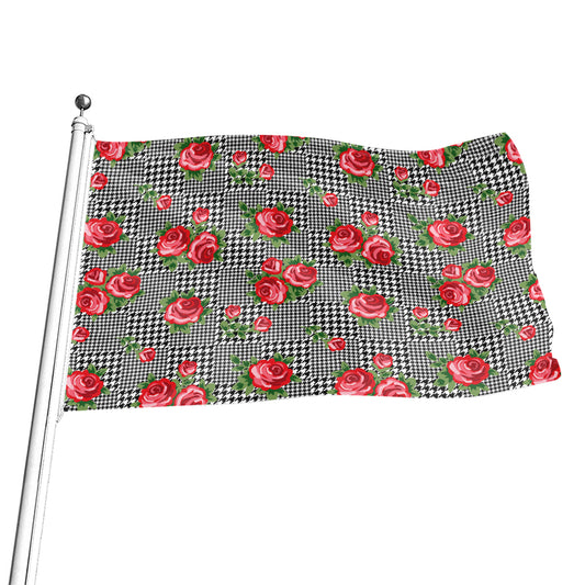 Red Roses Houndstooth Pattern Print Flag