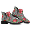 Red Roses Houndstooth Pattern Print Flat Ankle Boots