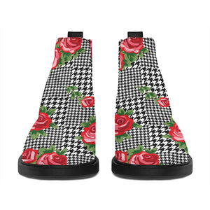 Red Roses Houndstooth Pattern Print Flat Ankle Boots