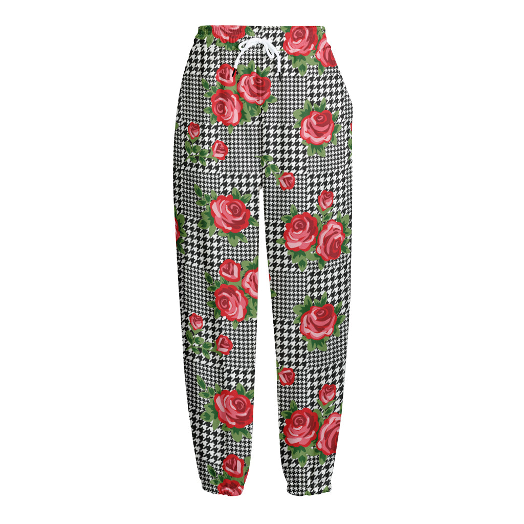 Red Roses Houndstooth Pattern Print Fleece Lined Knit Pants