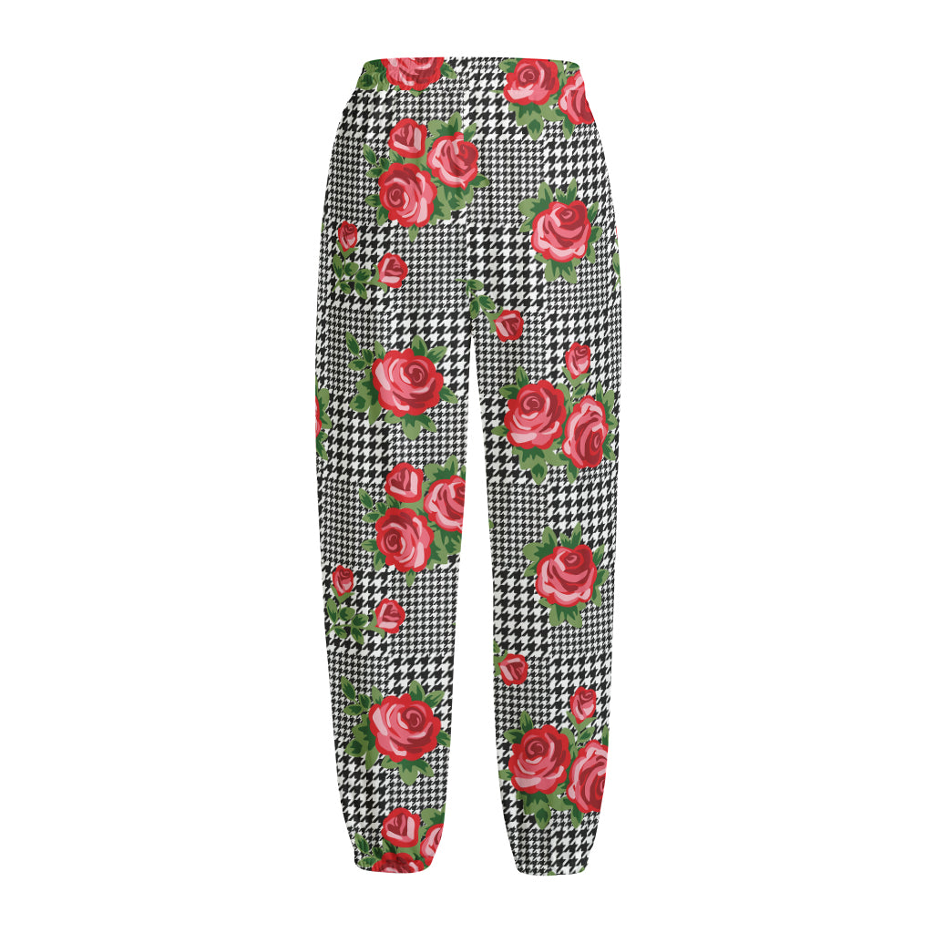 Red Roses Houndstooth Pattern Print Fleece Lined Knit Pants