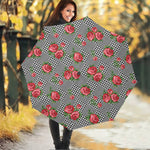 Red Roses Houndstooth Pattern Print Foldable Umbrella