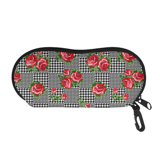 Red Roses Houndstooth Pattern Print Glasses Case