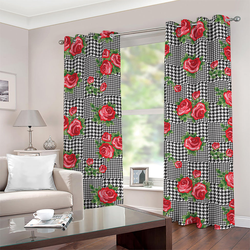 Red Roses Houndstooth Pattern Print Grommet Curtains