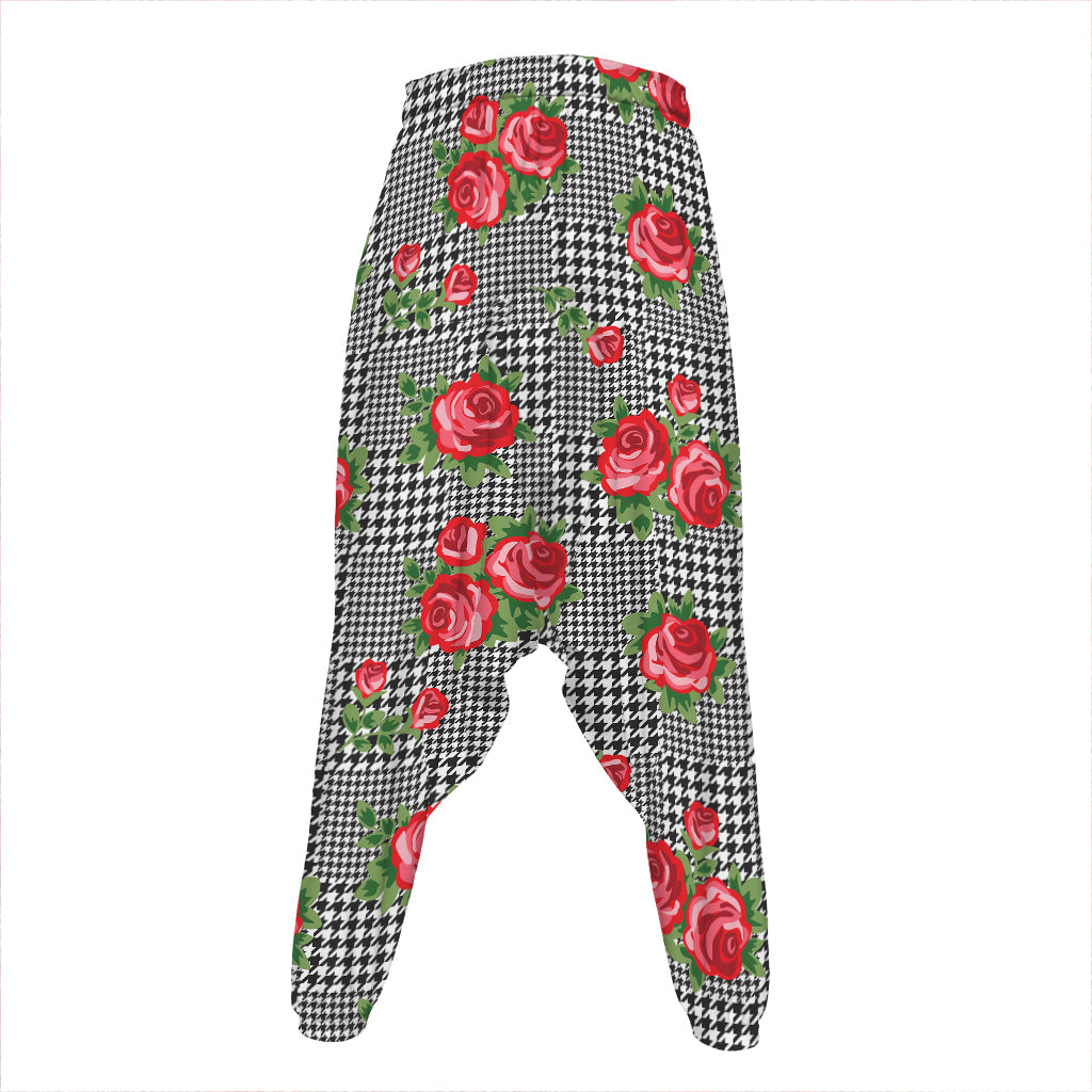 Red Roses Houndstooth Pattern Print Hammer Pants