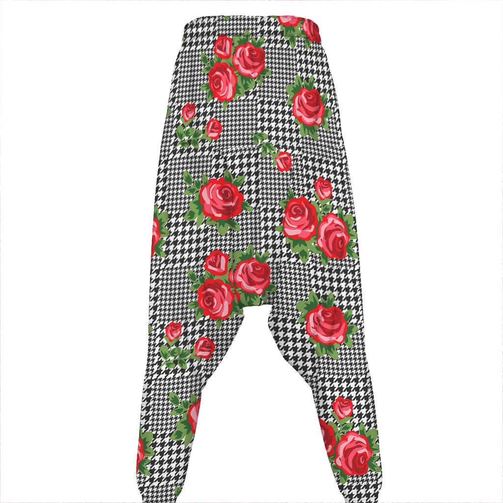 Red Roses Houndstooth Pattern Print Hammer Pants