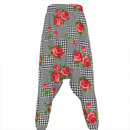 Red Roses Houndstooth Pattern Print Hammer Pants