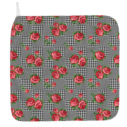 Red Roses Houndstooth Pattern Print Hand Towel
