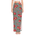 Red Roses Houndstooth Pattern Print High Slit Maxi Skirt