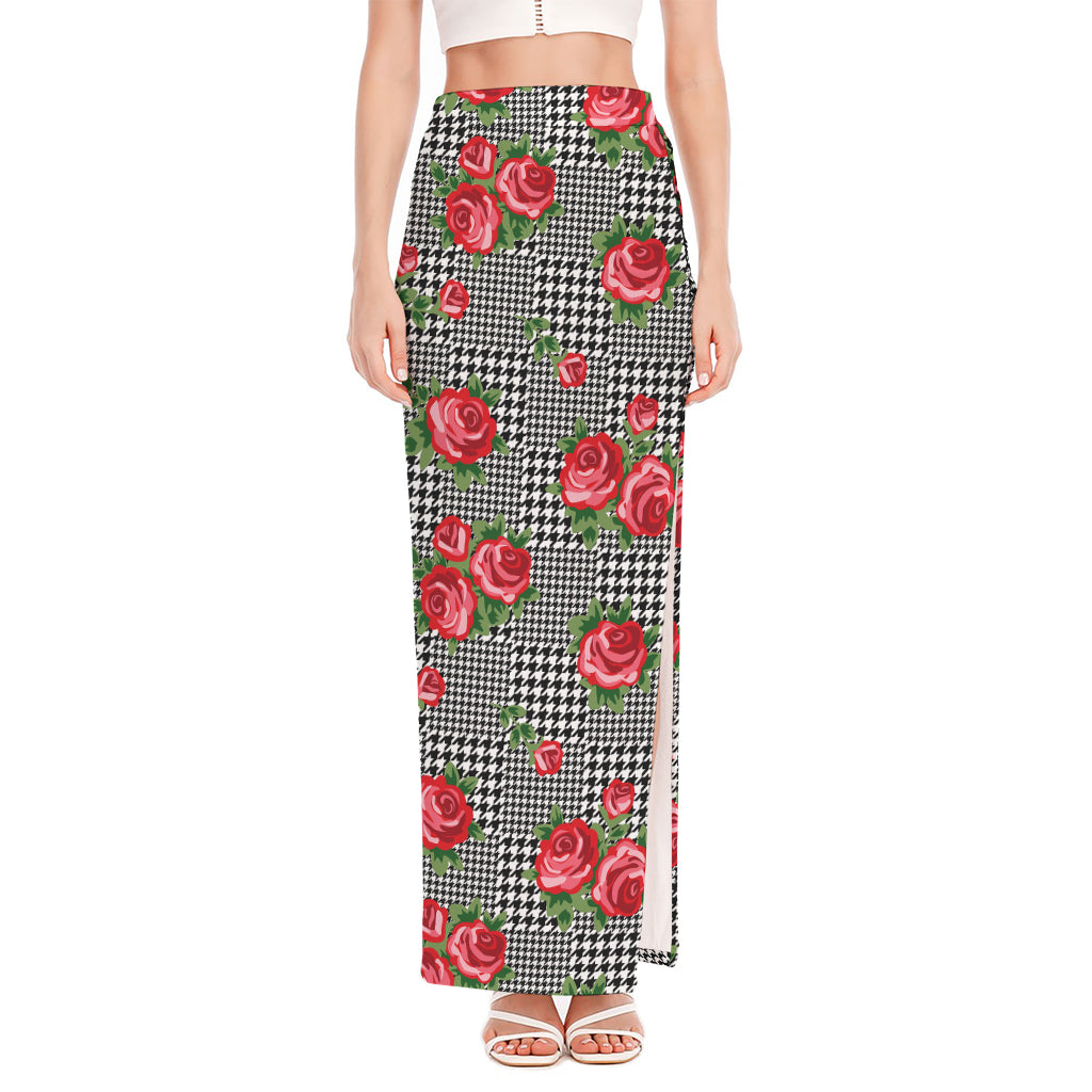Red Roses Houndstooth Pattern Print High Slit Maxi Skirt