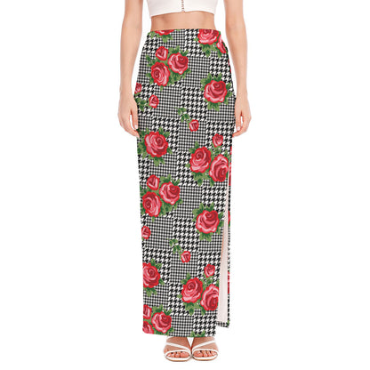 Red Roses Houndstooth Pattern Print High Slit Maxi Skirt