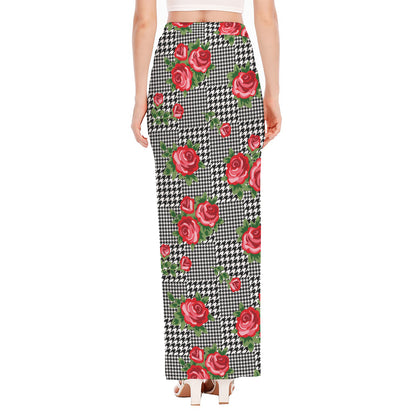 Red Roses Houndstooth Pattern Print High Slit Maxi Skirt