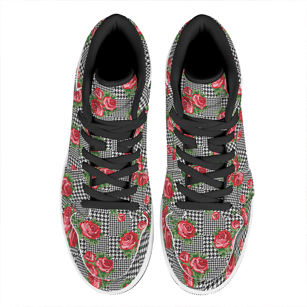 Red Roses Houndstooth Pattern Print High Top Leather Sneakers