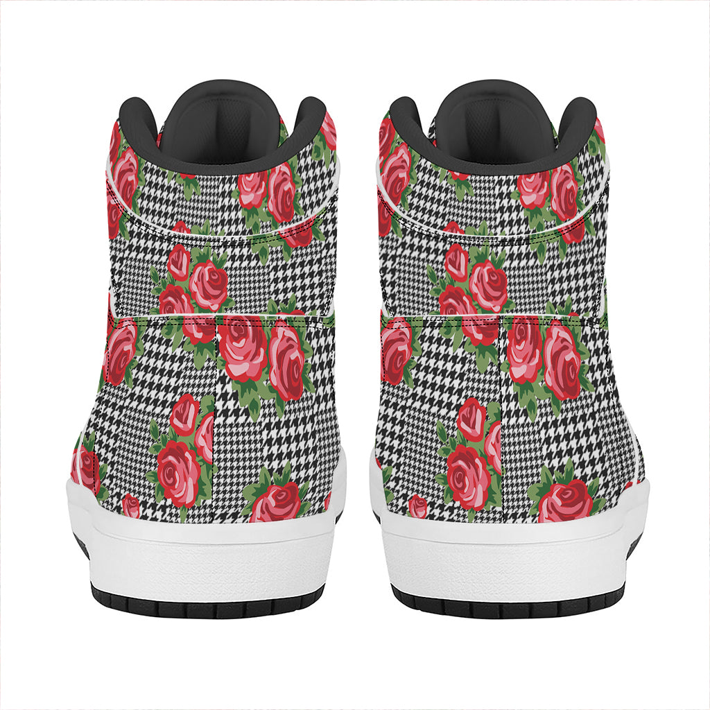 Red Roses Houndstooth Pattern Print High Top Leather Sneakers
