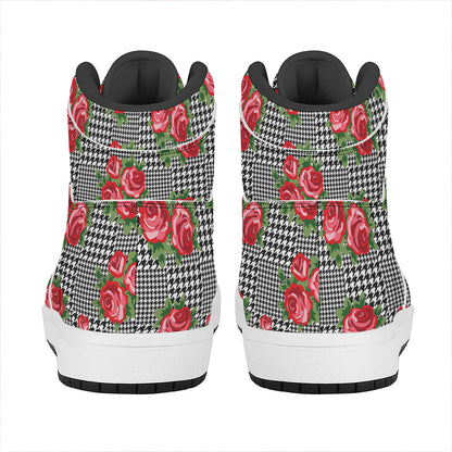 Red Roses Houndstooth Pattern Print High Top Leather Sneakers
