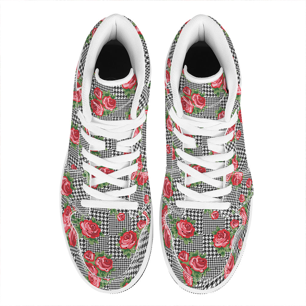 Red Roses Houndstooth Pattern Print High Top Leather Sneakers