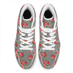 Red Roses Houndstooth Pattern Print High Top Leather Sneakers