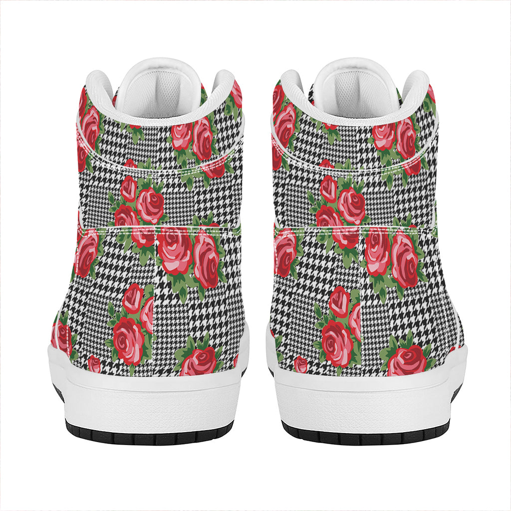 Red Roses Houndstooth Pattern Print High Top Leather Sneakers