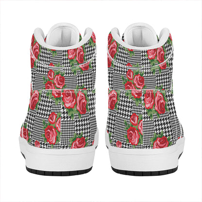 Red Roses Houndstooth Pattern Print High Top Leather Sneakers