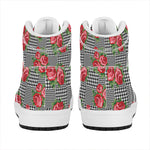 Red Roses Houndstooth Pattern Print High Top Leather Sneakers
