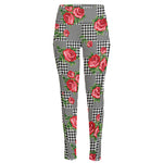 Red Roses Houndstooth Pattern Print High-Waisted Pocket Leggings