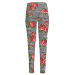 Red Roses Houndstooth Pattern Print High-Waisted Pocket Leggings