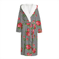 Red Roses Houndstooth Pattern Print Hooded Bathrobe